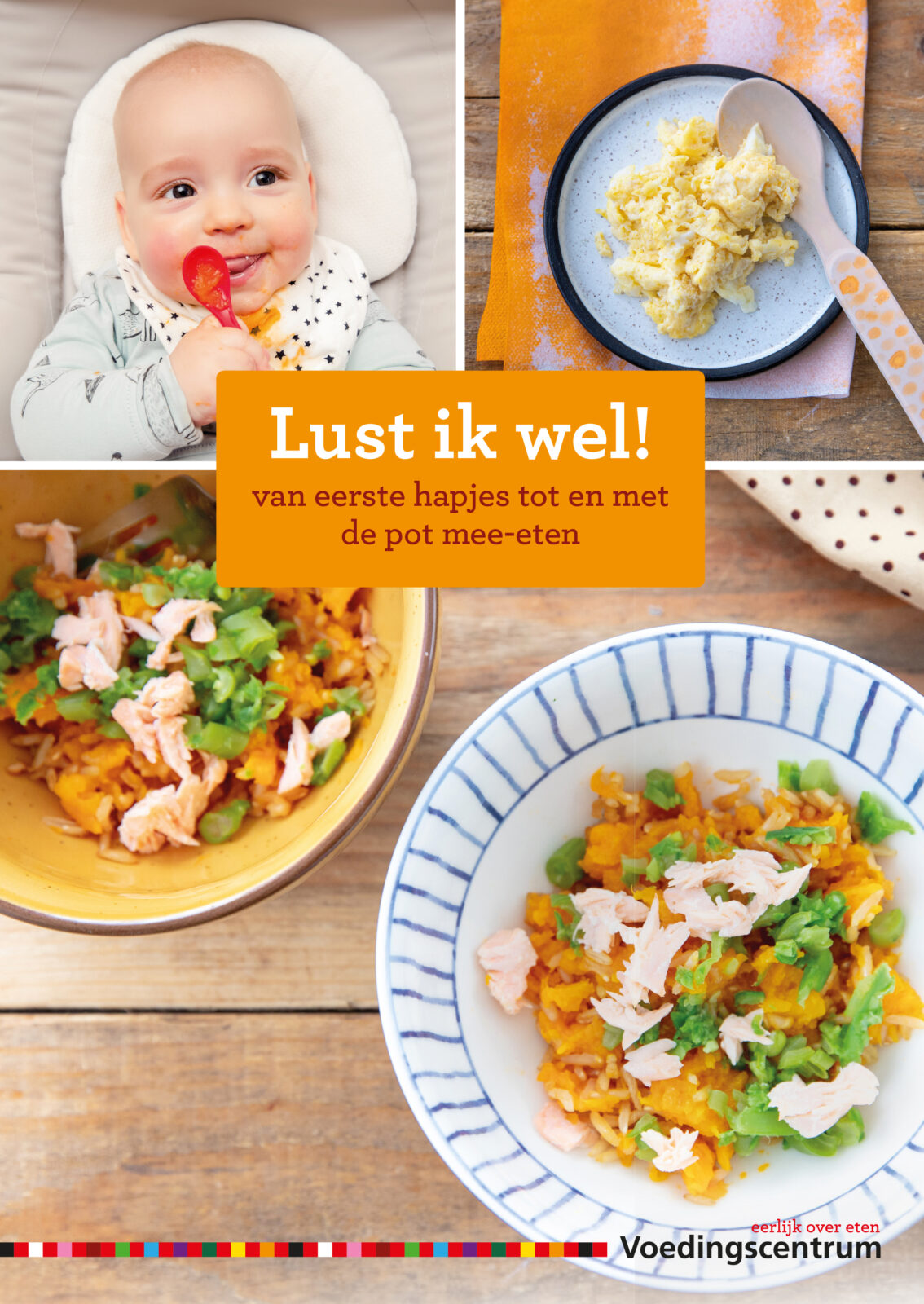 Cover kookboek 'Lust ik wel' collage van baby met rode lepel en 3 gerechten voor kinderen